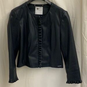 Cropped Navy Vegan Leather Ruffle Jacket with Front Zip by Rino & Pelle - NWOT